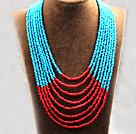 Multi Strands Multi Layered 4-5mm Blue and Red Plastic Seed Necklace
