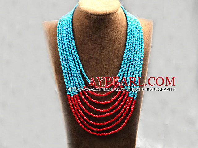 Multi Strands Multi Layered 4-5mm blaue und rote Glassamen-Halskette