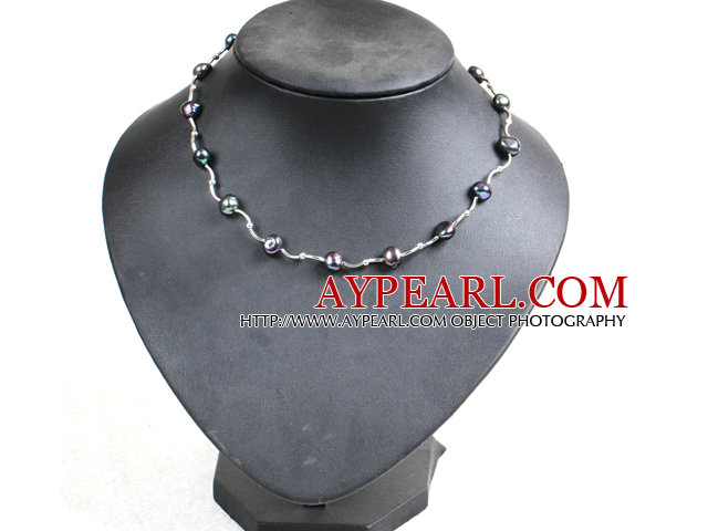 Popular Style Potato Shape Natural Black Freshwater Pearl Necklace With Alloyed Crooked Bar