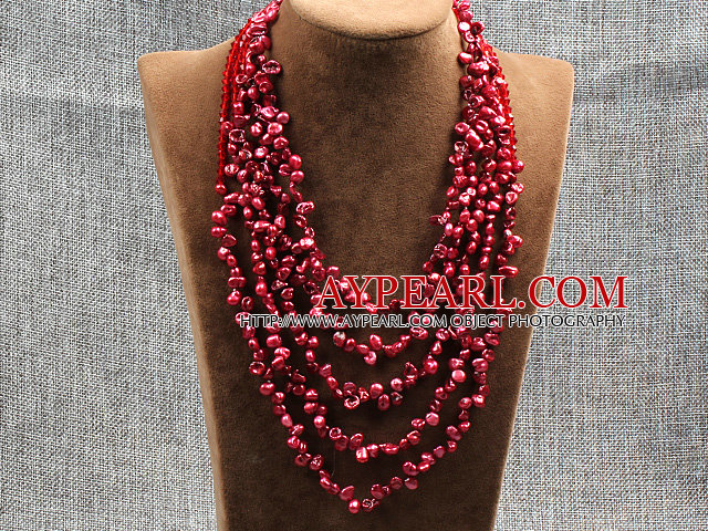 Elegant Five Layer Natural Red Rebirth Pearl Crystal Party Necklace