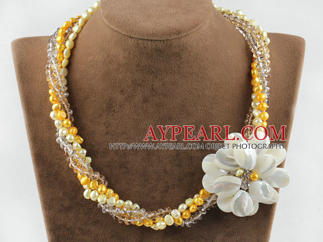 Multi Strans Pearl Crystal and White Lip Shell Flower Necklace