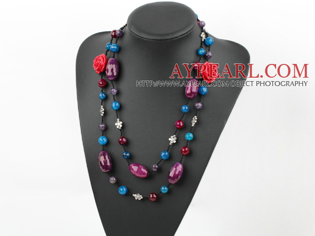 47.2 inches faceted agate and amethyst necklace with red flower