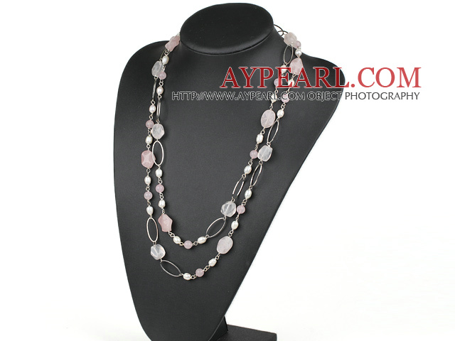51.2 inches white pearl rose quartze necklace