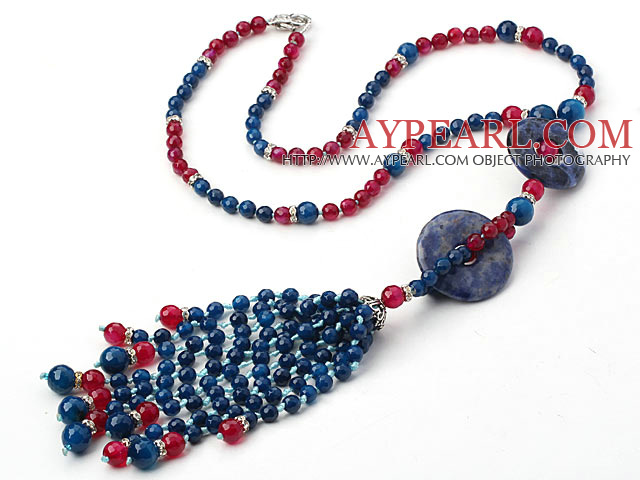 New Style Y Shape blå og rosa Agate og Sodalite Donut Tassel Halskjede med Rhinestone