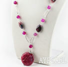 Wholesale rose color agate necklace with carved flower pendant with extendable chain