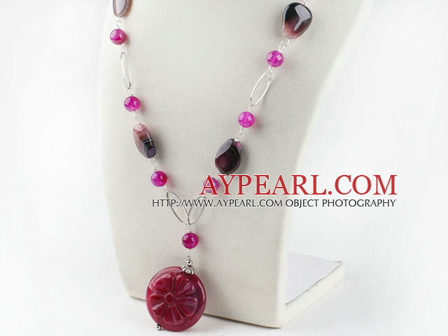 rose color agate necklace with carved flower pendant with extendable chain