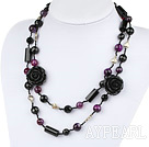 39.4 inches faceted black and purple agate necklace with flower