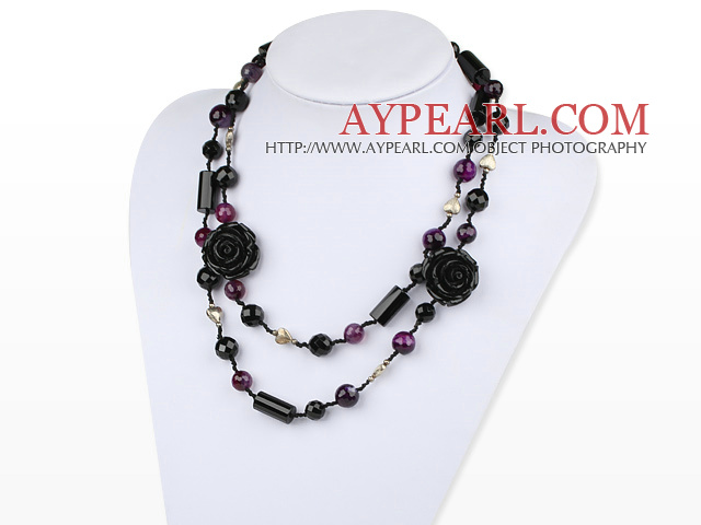 39.4 inches faceted black and purple agate necklace with flower