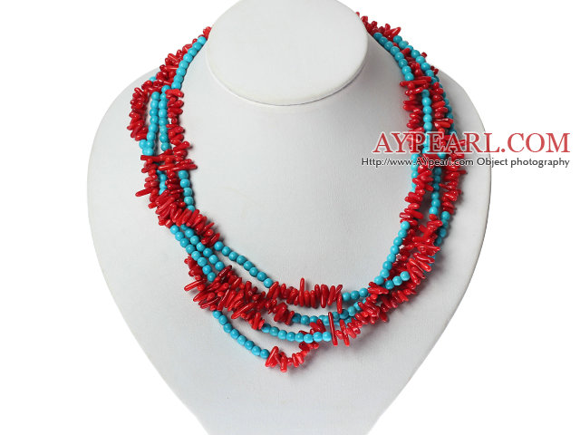 Multi Strands Red Coral and Blue Turquoise Necklace