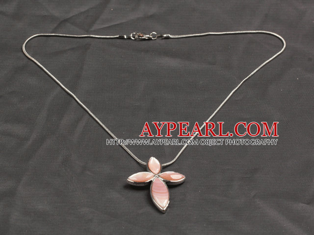 Classic Design Pink Shell Cross Shape Pendant Necklace with Metal Chain