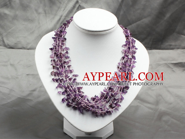 Popular Fashion Multi Layer Amethyst Chips Chunky Necklace With Shell Flower Clasp
