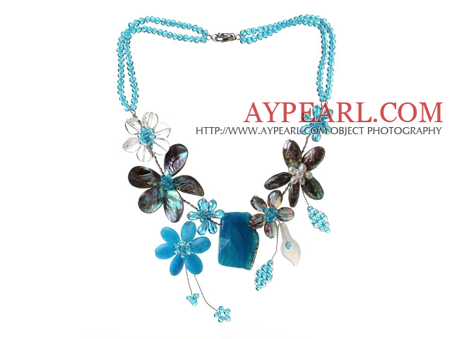 2013夏新デザインブルーシリーズブルークリスタルとアワビの貝殻の花と結晶瑪瑙ペンダントネックレス