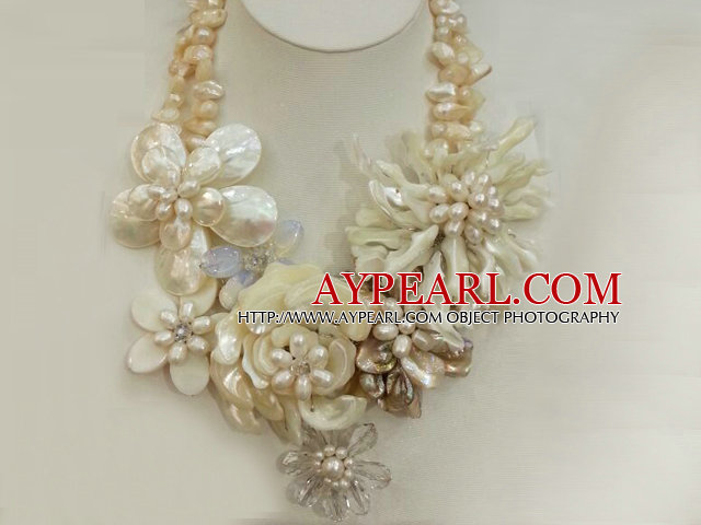 Collier fantastique Belle Blanc naturel perles d'eau douce Shell Flower Party