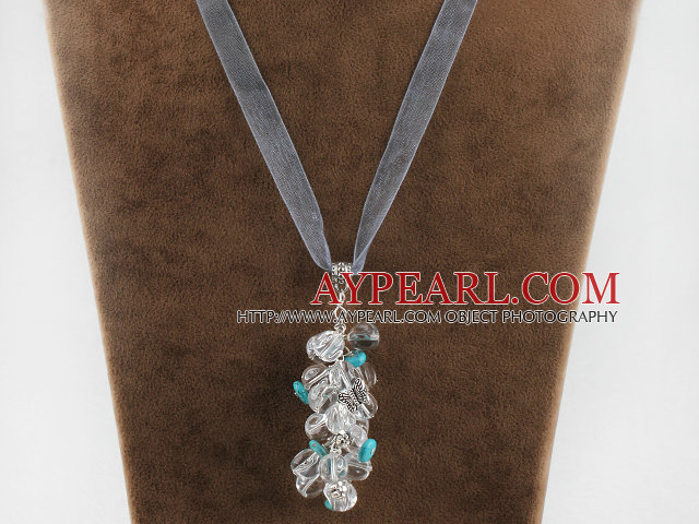 19.7 inches clear crystal and turquoise necklace pendant with ribbon