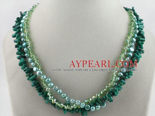 three strand green coral crystal and pearl necklace with moonlight clasp