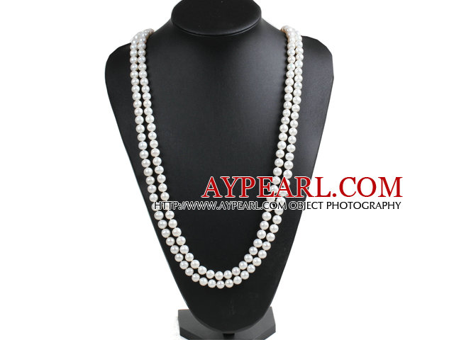 Elegant Mother Gift Long Style Double Strand 8-9mm Natural Near Round White Freshwater Pearl Necklace (Sweater Chain)