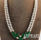 noble double strand white pearl and green jade necklace with gold color clasp