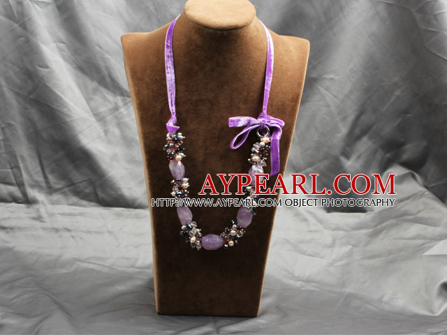 Popular Purple Series Amethyst Multi Color Pearl Crystal Necklace With Purple Suede Cord