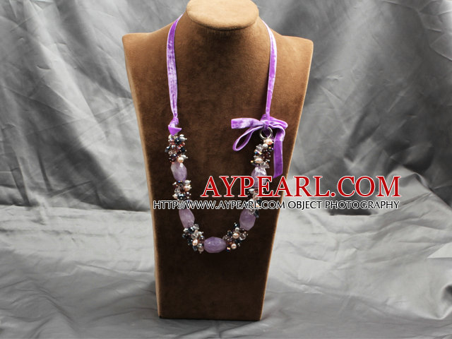 Popular Purple Seria Amethyst Multi Color Pearl colier de cristal cu mov Suede Cord