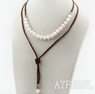 Simple Design White Freshwater Pearl Necklace with Brown Cord
