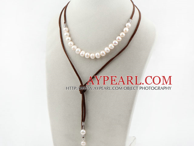 Simple Design White Freshwater Pearl Necklace with Brown Cord