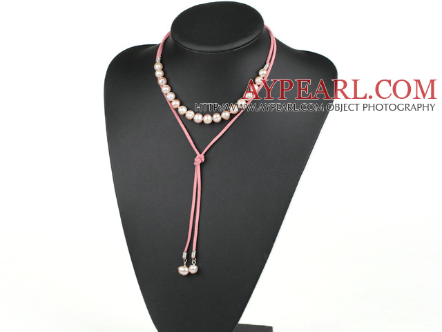 Enkel design Natural Purple Freshwater Pearl Halsband med rosa rep