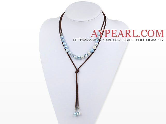 Simple Design Blue Freshwater Pearl Necklace with Brown Cord