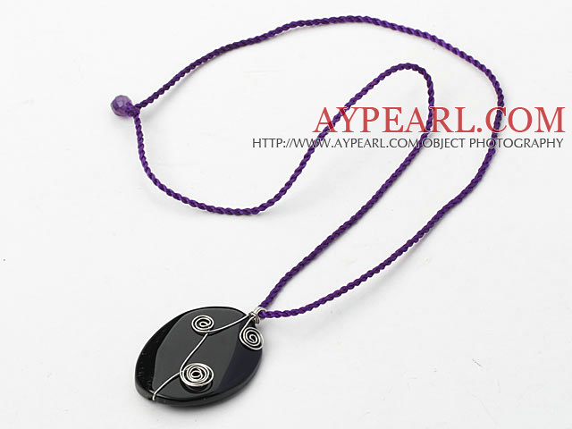 紫糸とシンプルなスタイルのオーバルシェイプの宝石用原石のペンダントネックレス（ランダム色）