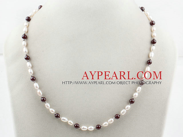 Single Strands White Freshwater Pearl and Garnet Necklace