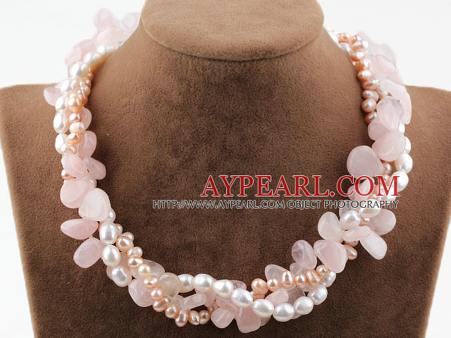 Rose Series Three Strands perles d'eau douce et Rose Quartz Collier avec fermoir clair de lune