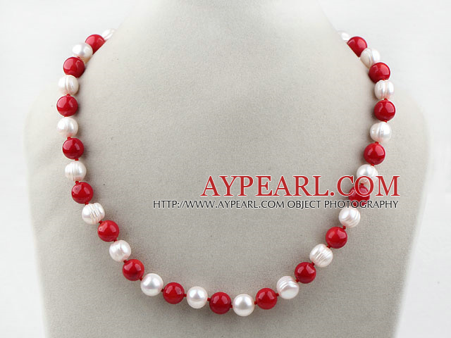 10-11mm Round Freshwater Pearl and Red Coral Beaded Necklace