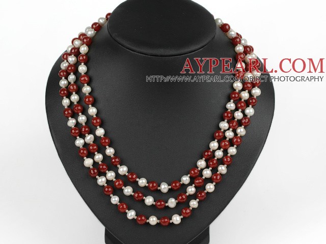 three strand 17.7 inches white pearl and red agate necklace with shell flower clasp