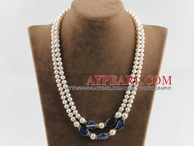edle Doppelstrang weiße Perle und Sodalith Halskette mit Goldfarbe Spange