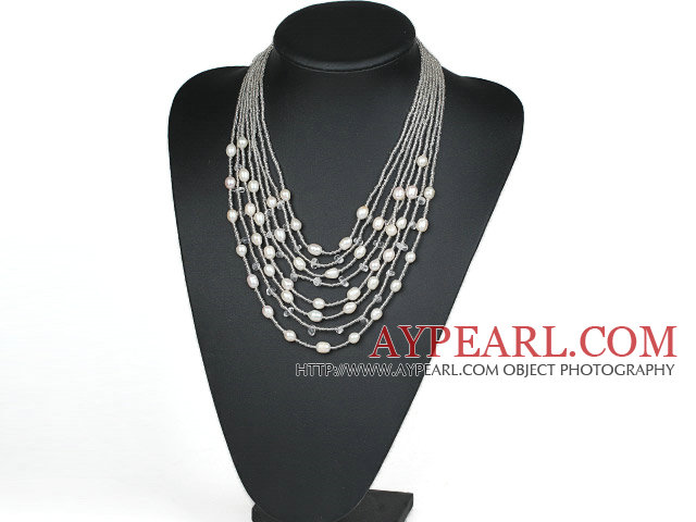 wedding jewelry multi strand white pearl lampwork glass beads necklace