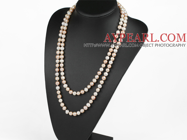 fashion long style 47.2 inches 9-10mm white and pink pearl necklace