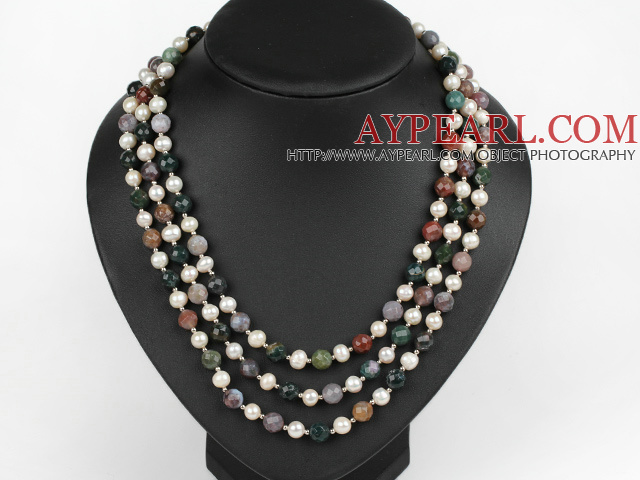 three strand white pearl and india agate necklace with shell flower clasp