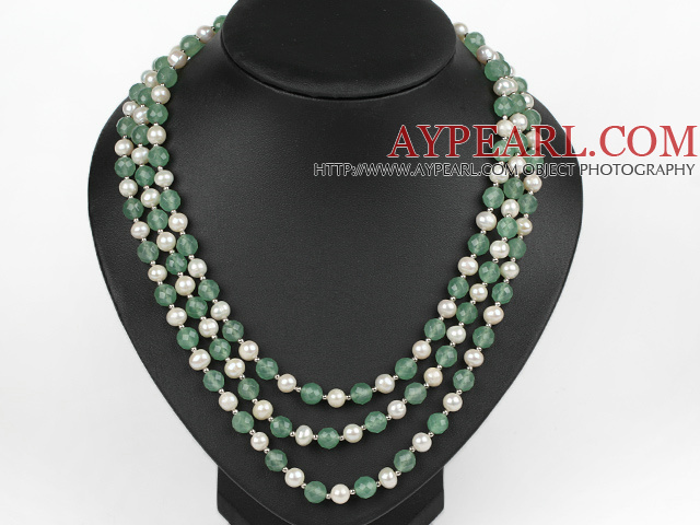 three strand 17.7 inches white pearl and aventurine necklace with shell flower clasp