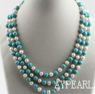 three strand 17.7 inches white pearl and turquoise necklace with shell flower clasp