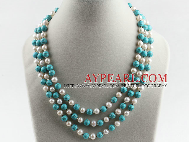 three strand 17.7 inches white pearl and turquoise necklace with shell flower clasp