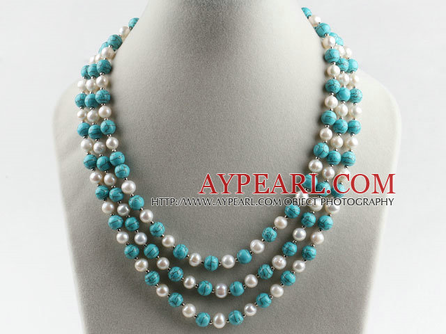 trois brins 17,7 pouces blanc perle et collier de turquoises avec fermoir fleur coquille