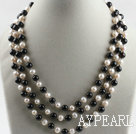 Wholesale three strand white pearl and black agate necklace with shell flower clasp