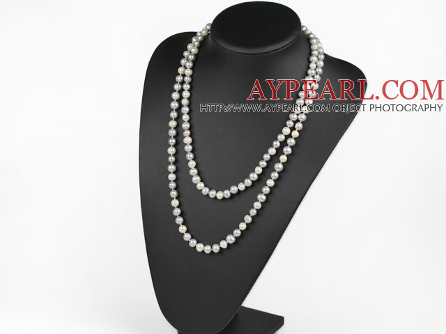 fashion long style 47.2 inches 8-9mm white and grey pearl necklace