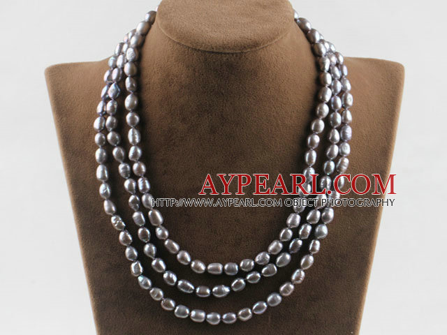 three strand 17.7 inches 8-9mm gray fresh water pearl necklace