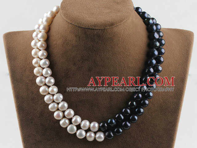double strand 17.3 inches 10-11mm black and white fresh water pearl necklace