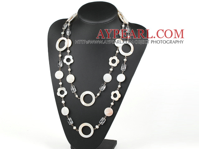 51.2 inches white pearl crystal and flower shell necklace