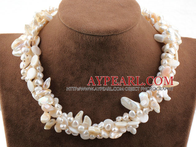 マルチストランドホワイト淡水パールと歯の形状の真珠のネックレス