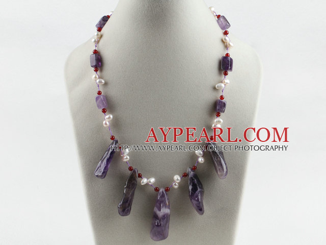 17.7 inches amythest white pearl and red agate necklace