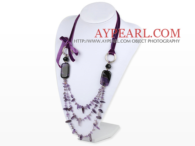 27.6 inches amethyst necklace with purple ribbon