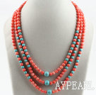 elegant three strand coral and turquoise necklace