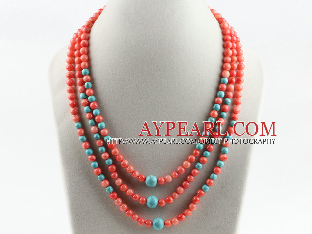 elegant three strand coral and turquoise necklace